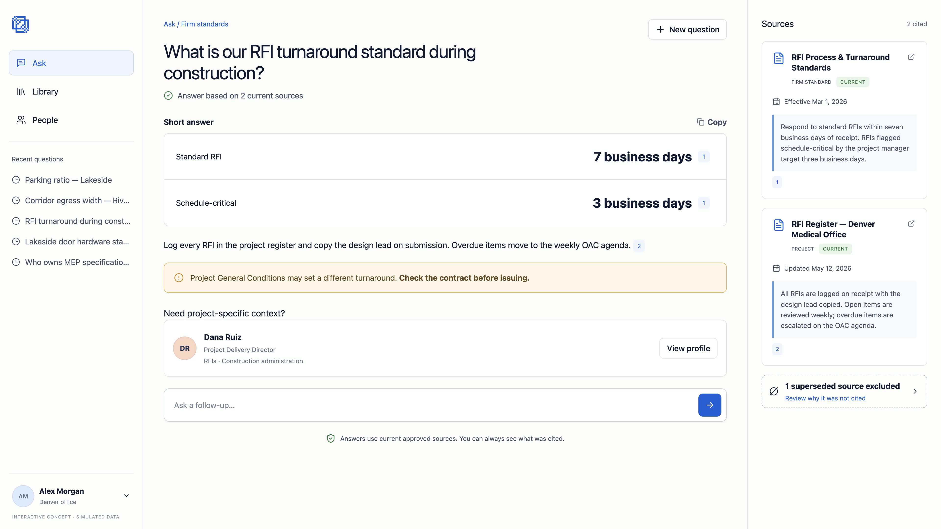Keystone verified answer showing RFI turnaround standards, two current sources, and one excluded superseded source.