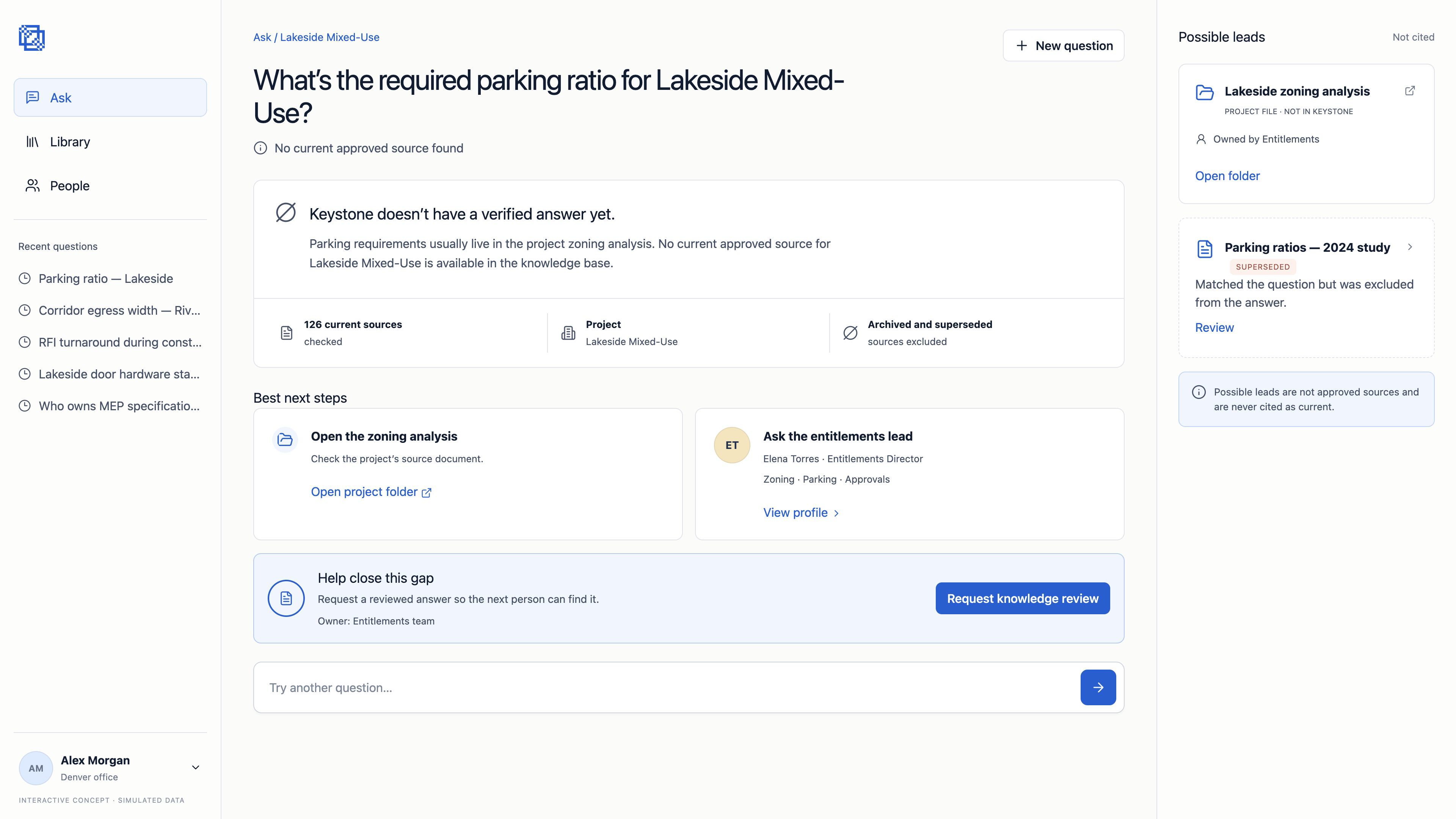 Keystone missing-answer state showing no current approved source, possible leads, and a knowledge review request.