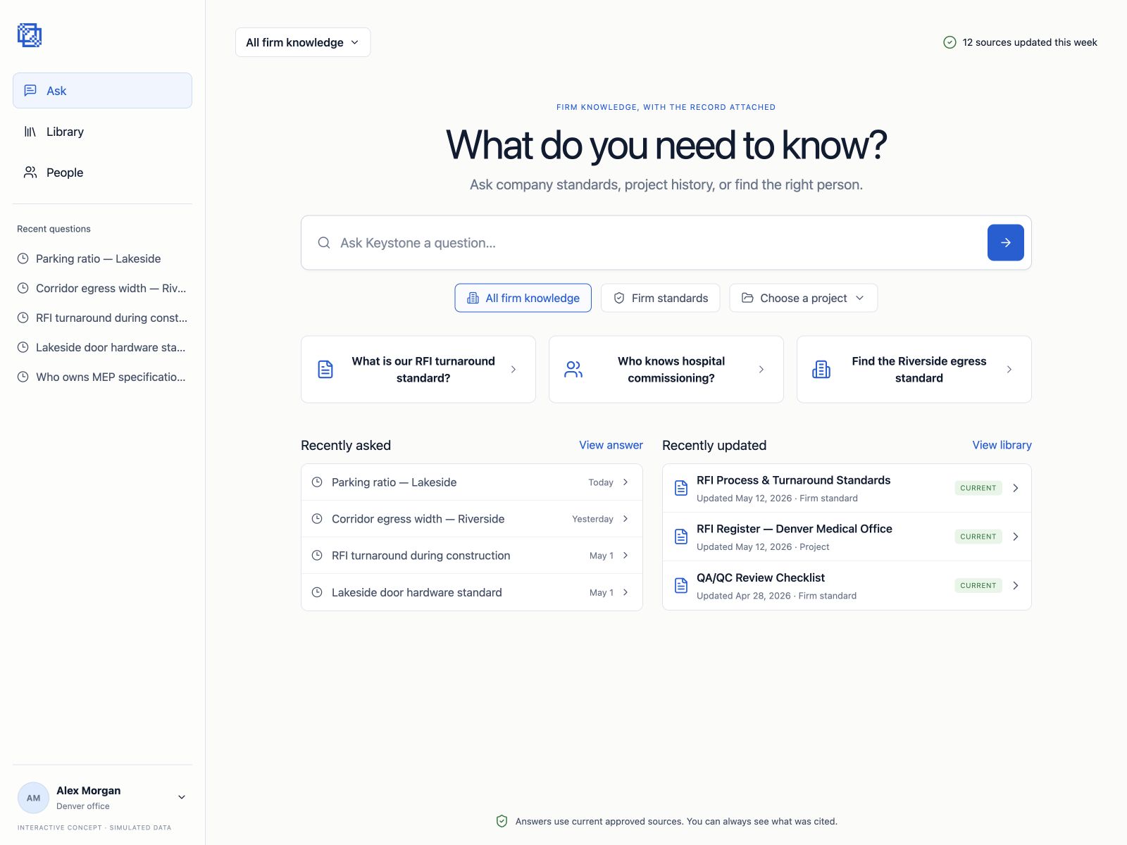 Keystone knowledge workspace with source-aware search and recently updated records
