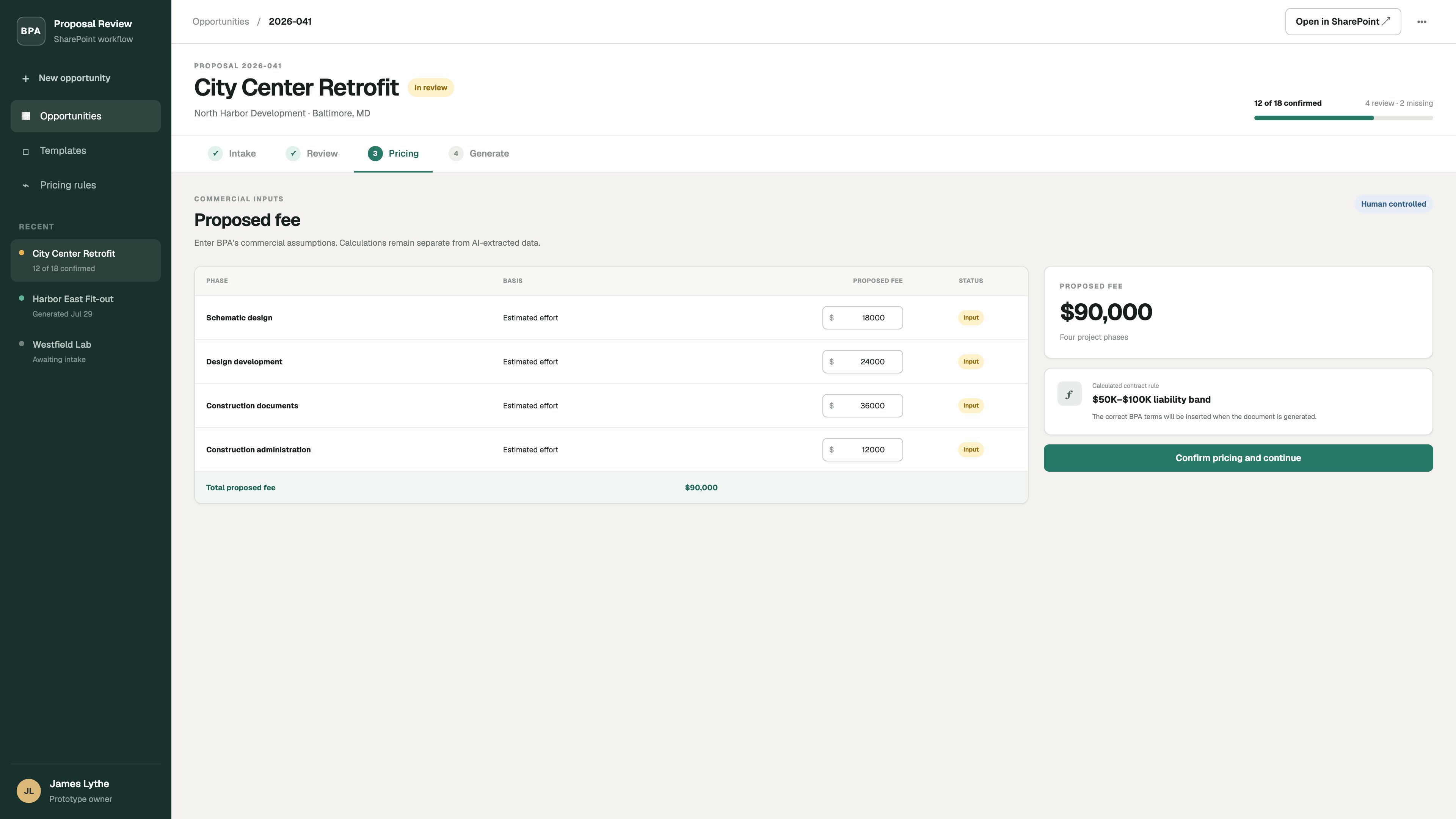 RFP Extract pricing screen showing editable phase fees, a calculated total, and a liability-band rule.