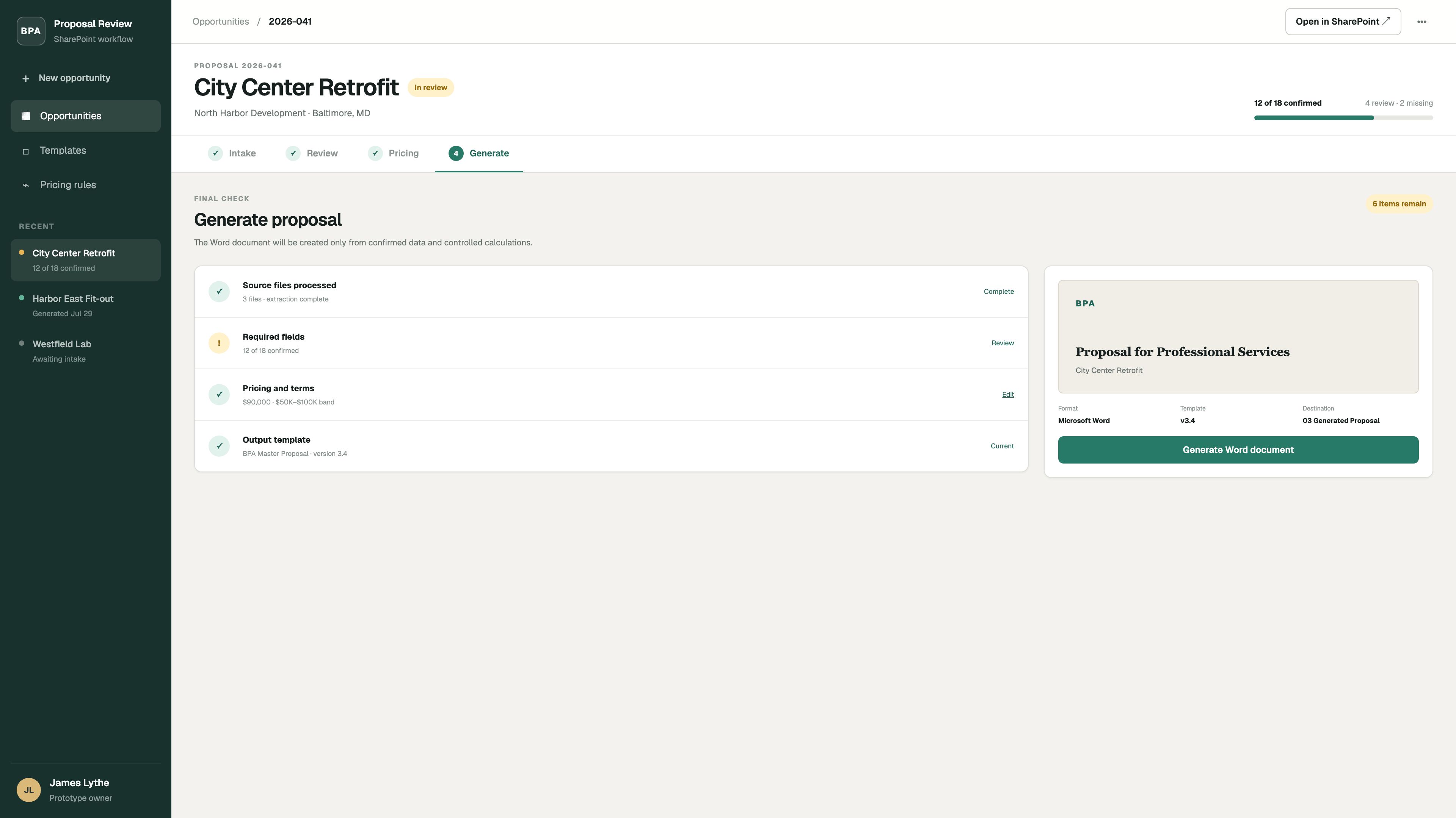 RFP Extract generation screen showing readiness checks and the controlled Word document output.