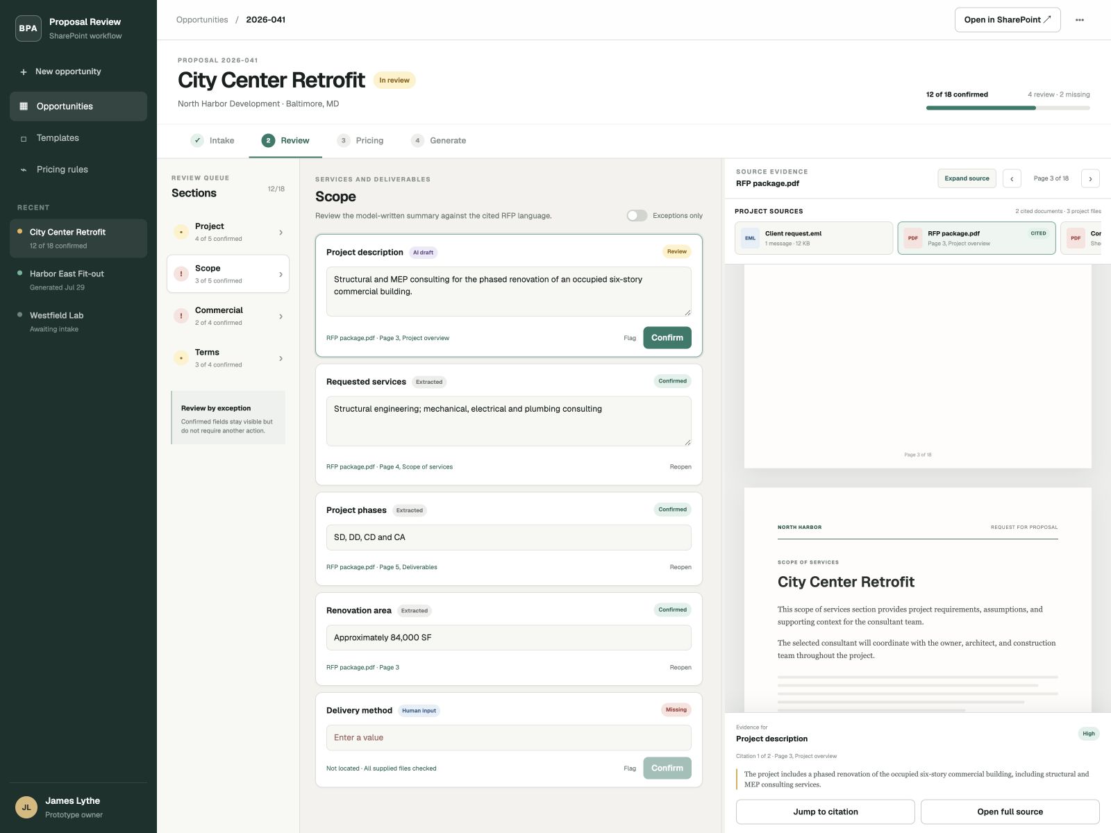 RFP Extract review workspace showing extracted fields alongside source evidence